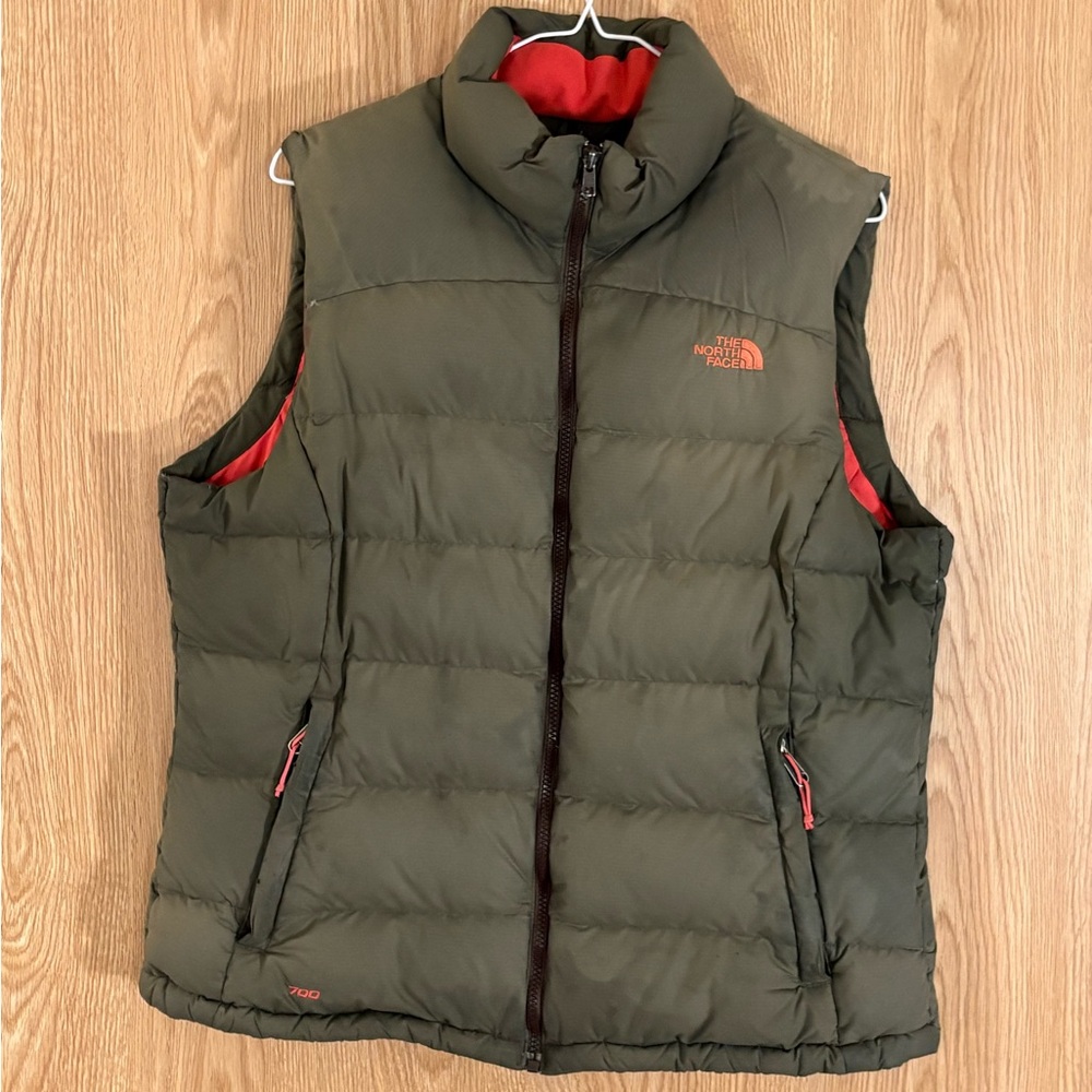 The North Face Olive Green Puffer Vest with Red Accents